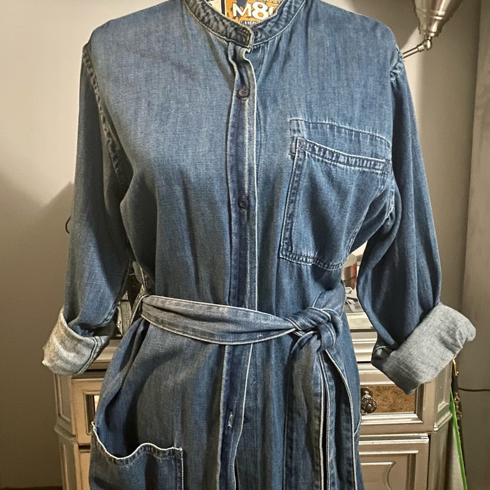 Button down blue jean knee length dress